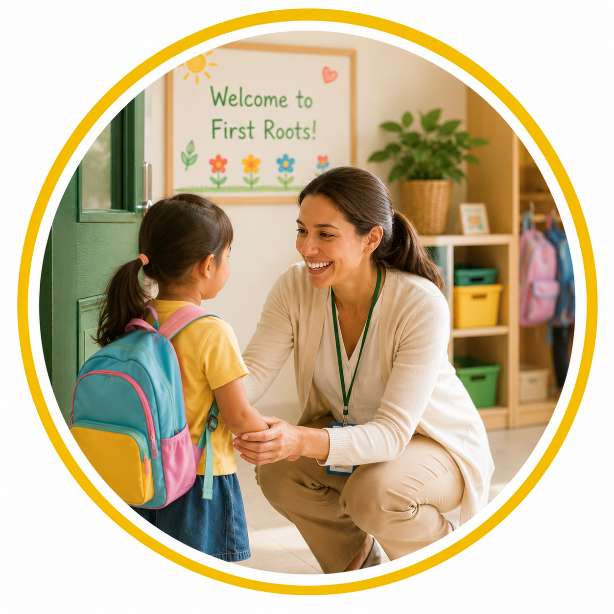 Teacher greeting a child